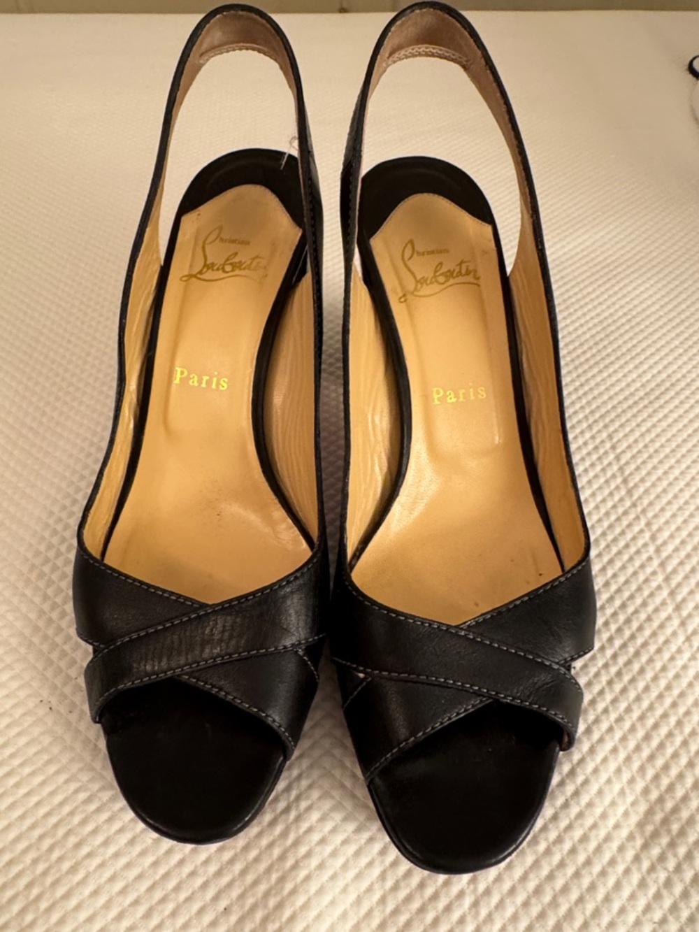 Christian Louboutin Black Leather Slingback Peep-Toe Pumps